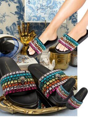 🆕 KURT GEIGER LONDON 🧿 NWOB Meena Eagle Jewel Sandal, Black Rainbow, Sz 9.5